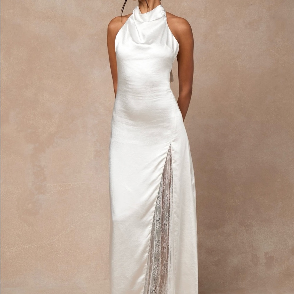 Lulu's Concetta Ivory Satin Lace Halter Maxi Dress